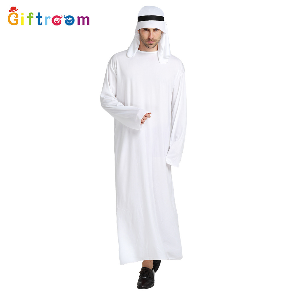 Halloween Carnival Cosplay Arabian Sheik Prince Masquerade Male Pure White Middle East Dubai Clothes_ecoleips.com
