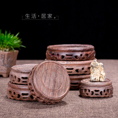 花瓶底座架实木制佛像鱼缸奇石头花盆鸡翅木红木摆件底座托盘圆形|ms