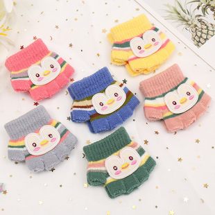 Winter children's finger knitted warm gloves penguin pattern striped cashmere gloves for boys and girls factory direct sales