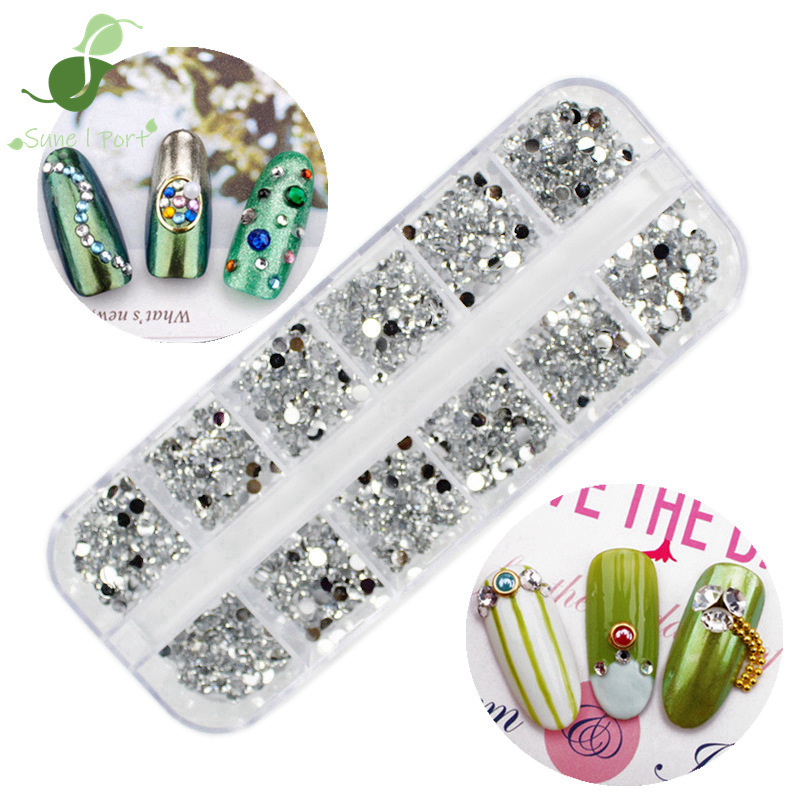 Nail Art Jewelry Transparent Diamond 3mm Flats Bottom Acrylic Diamond Nail Decoration DIY 12 Grids Long Diamond Box Set