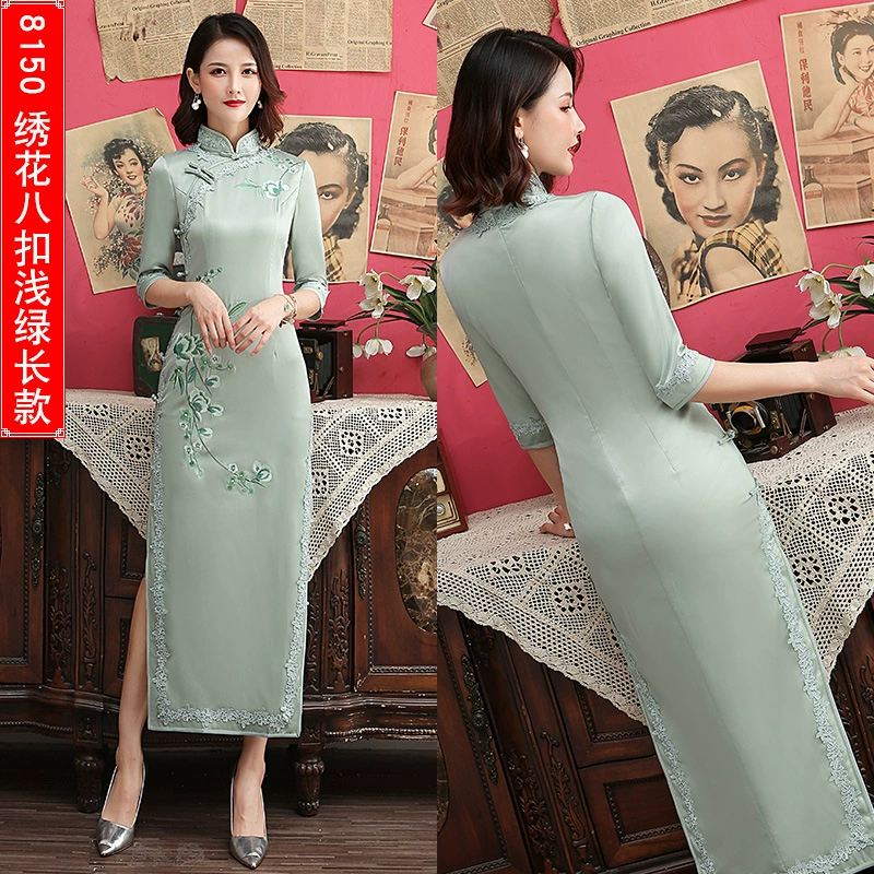 2025 Spring New Improved Medium Sleeve Large Size Old Shanghai Stand Collar Long Heavy Silk Embroidered Daily Slim Flag