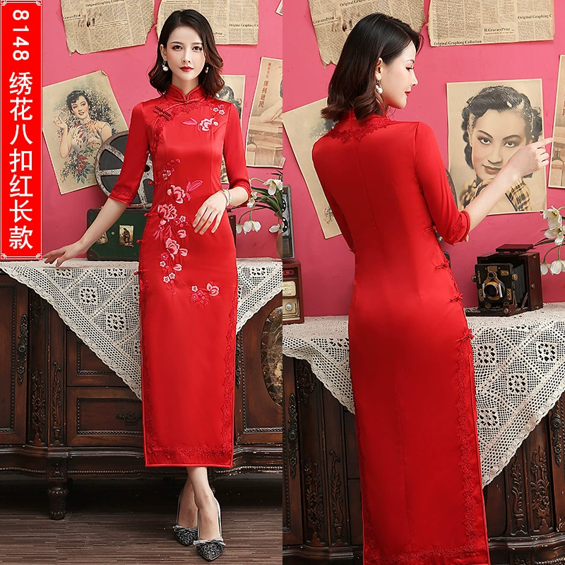 2025 Spring New Improved Medium Sleeve Large Size Old Shanghai Stand Collar Long Heavy Silk Embroidered Daily Slim Flag
