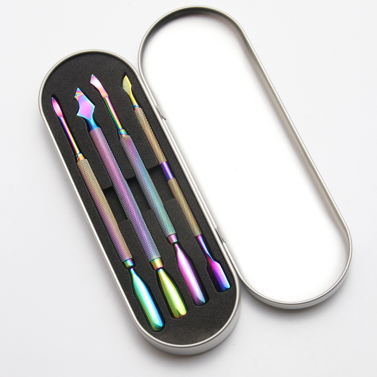 Empuje de acero 3-Piece Set uñas piel muerta empuje gradiente herramienta de uñas removedor de uñas para dos extremos tijeras de piel muerta de color