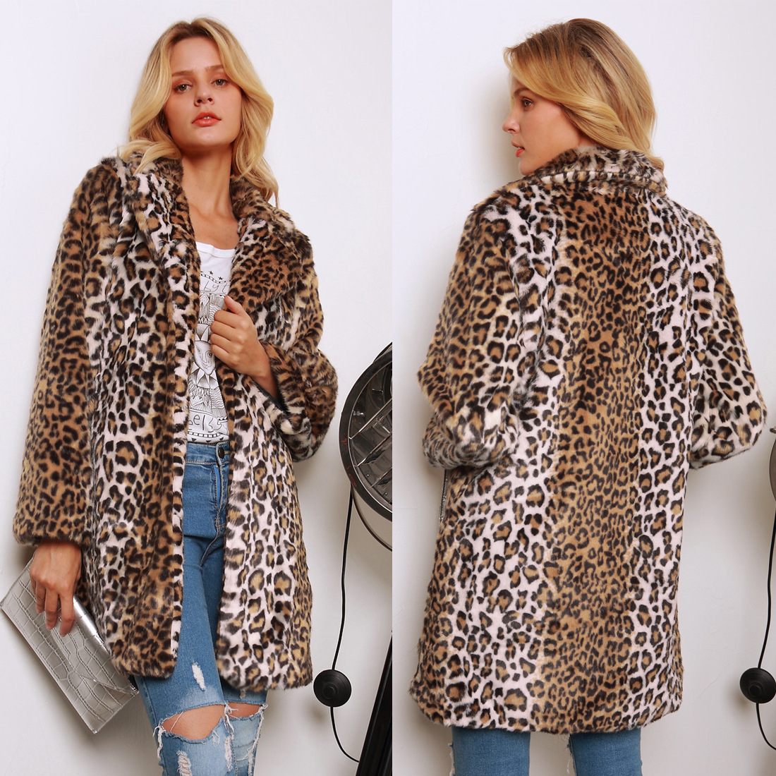 F0219 European and American autumn and winter New coat winter women's coat leopard print long faux fur coat