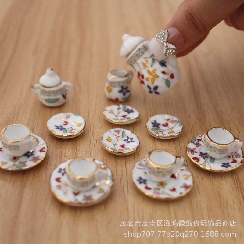 Accesorios de casa de muñecas de tela pequeña modelo en miniatura accesorios de soldado mini simulación juego de té de cerámica conjunto de 17 piezas
