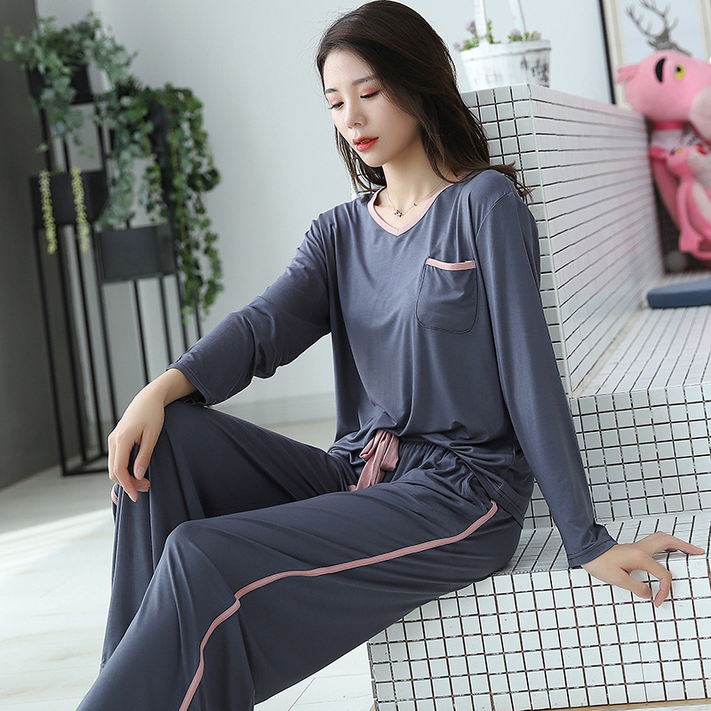 Pijamas modales pantalones de manga larga de otoño para mujer estilo coreano con cuello en V prendas de vestir exteriores sueltas ropa casual para el hogar
