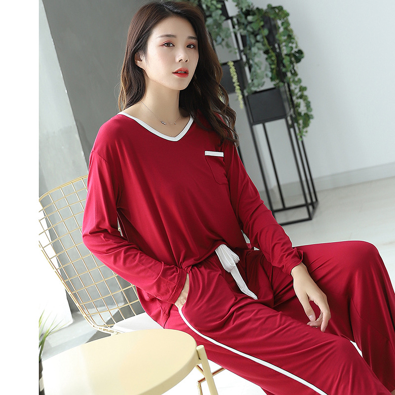 Pijamas modales pantalones de manga larga de otoño para mujer estilo coreano con cuello en V prendas de vestir exteriores sueltas ropa casual para el hogar