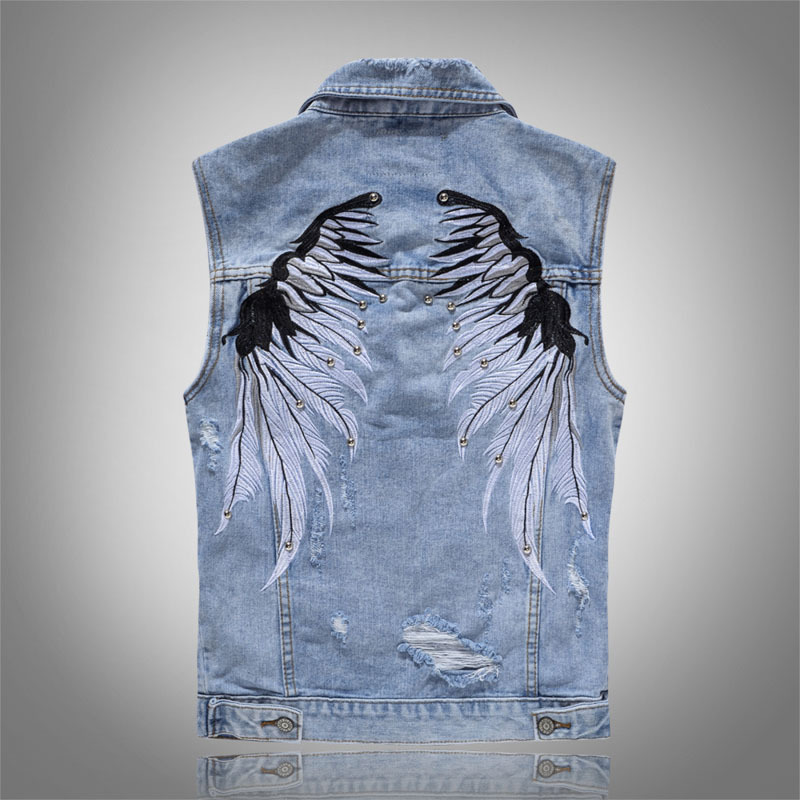 Men's Spring, Summer and Autumn Denim Vest Korean Style Trendy Brand Men's Vest Sleeveless Wings Embroidered Rivets Casual Vest