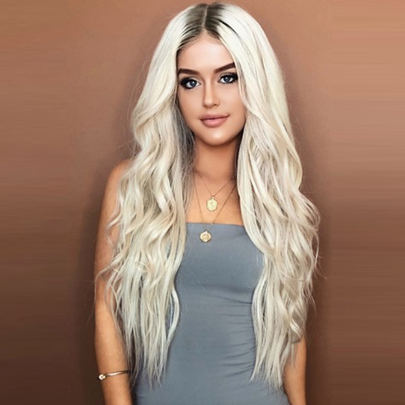 Factory wig European and American ladies platinum color points Big Wave long curly hair chemical fiber wig a generation of hair Factory wig European and American ladies platinum color points Big Wave long curly hair chemical fiber wig a generation of hair