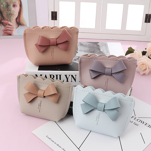 New college style bow PU leather mini wallet multifunctional portable coin storage bag zipper coin purse