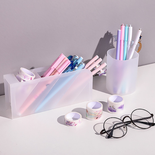 Simple oblique plug-in transparent frosted desktop pen holder office desk storage box pen bucket student stationery