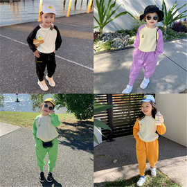 男女童套装加厚撞色长袖卫衣加长裤25秋冬装新款外贸童装代发