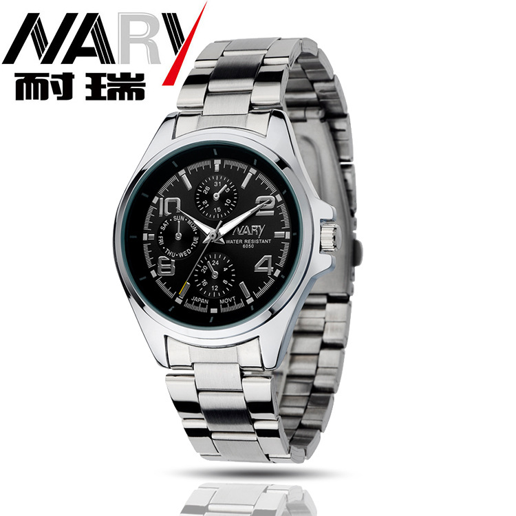 NARY marca reloj hombre falso de tres ojos luminoso impermeable correa de acero reloj de cuarzo 6050