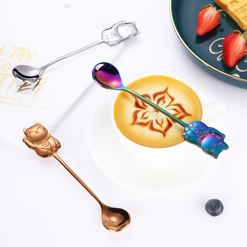 Creative Lucky Cat Stainless Steel Spoon For Coffee And Dessert_voghion.com