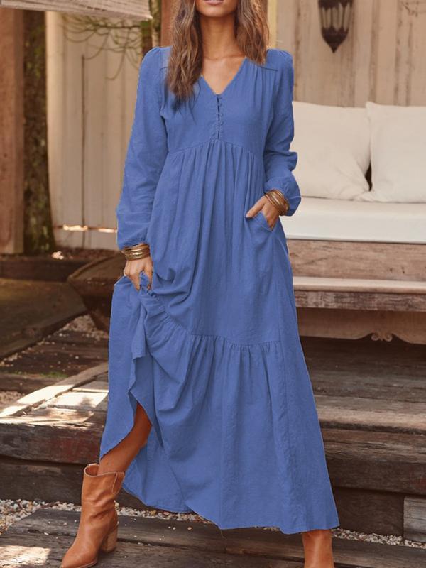 2025 秋冬ヨーロッパとアメリカの貿易婦人服ボタン綿とリネンのレトロカジュアル長袖ドレス大きな裾ロングスカートマルチカラー|undefined