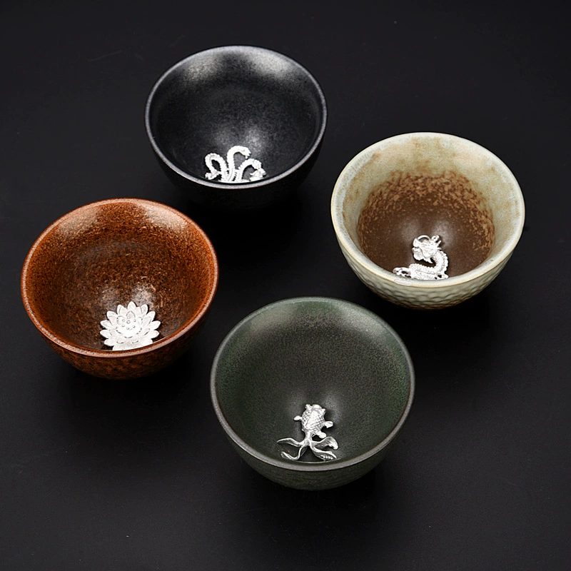 Керамическая чашка с серебряной рыбой Tianmu Kiln Change, инкрустированная серебряная чашка кунг-фу, печь киолна, керамика Tianmu стеклит персональная чашка