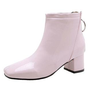 Square Toe Ankle Boots Foreign Trade Mid-heel Lacquered European and American Style Large Size Women's Boots 223