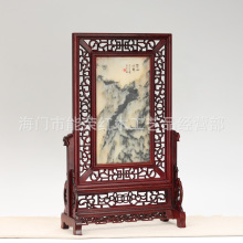 红木屏风酸枝镂空竖款台屏天然花枝木嵌大理石仿古屏风摆件