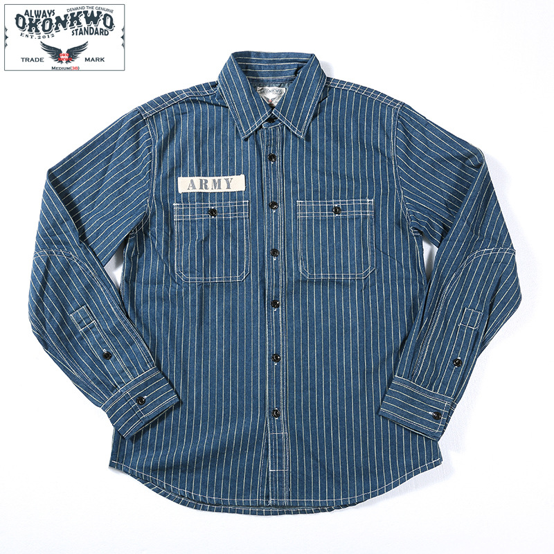 OKONKWO Americano Retro ferrocarril rayas verticales camisa de trabajo de los hombres de Mezclilla camisa de manga larga camisa de trabajo