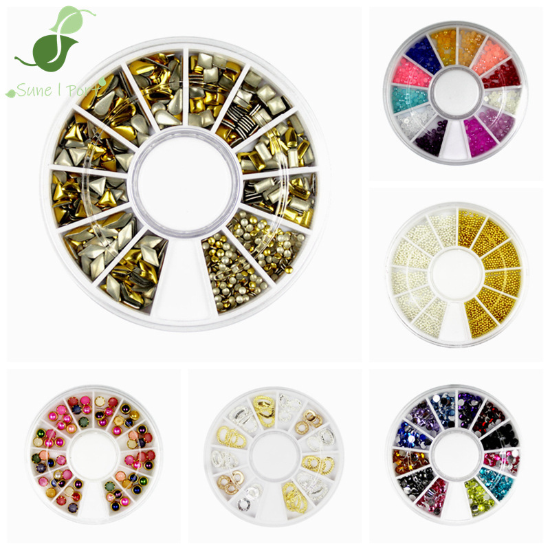 Nail art jewelry 12 grid colored diamond pearl disc set rivet hollow alloy chain edging Pearl pointed Rhinestone