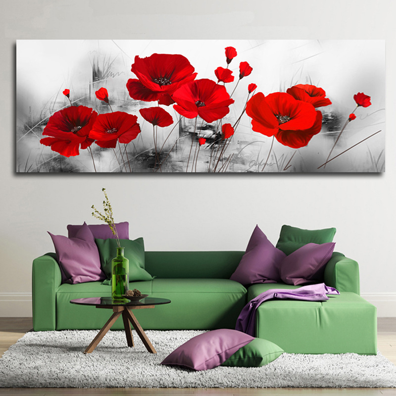 HD modern home single gray background red flower oil painting canvas mural decoration spray painting cross-border supply