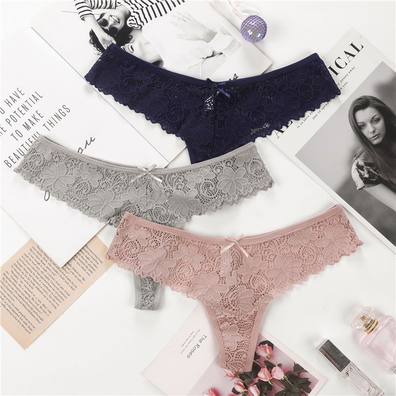 Feminine Lace Thong Underwear for Women Triangle Hollow Breathable Cotton Crotch Amazon European and American Large Size