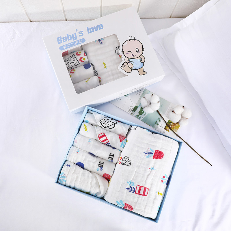 6-Layer Soft and Comfortable Class a Washed Gauze Baby Bath Towel 6-Piece Set Printed Gift Box Cartoon Square Towel
