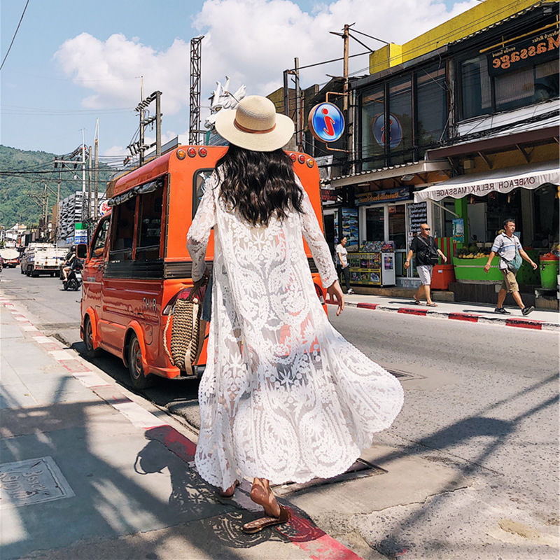 Mesh Swimsuit See-Through Long Outer Sun Protection Clothing Lace Embroidered Cardigan Beach Bikini Beach Jacket for Women