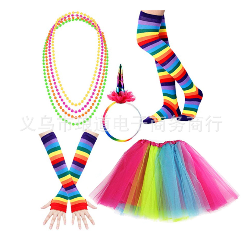 80 s Prom Party Color Set Four Color Necklace Color Unicorn Hair Hoop Skirt Gloves Socks Wholesale 80 s Prom Party Color Set Four Color Necklace Color Unicorn Hair Hoop Skirt Gloves Socks Wholesale