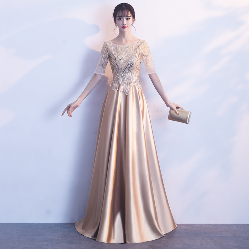 Choir Performance Clothing Banquet Evening Dress Women's 2025 New Style Atmospheric Golden Long Host Dress Elegant