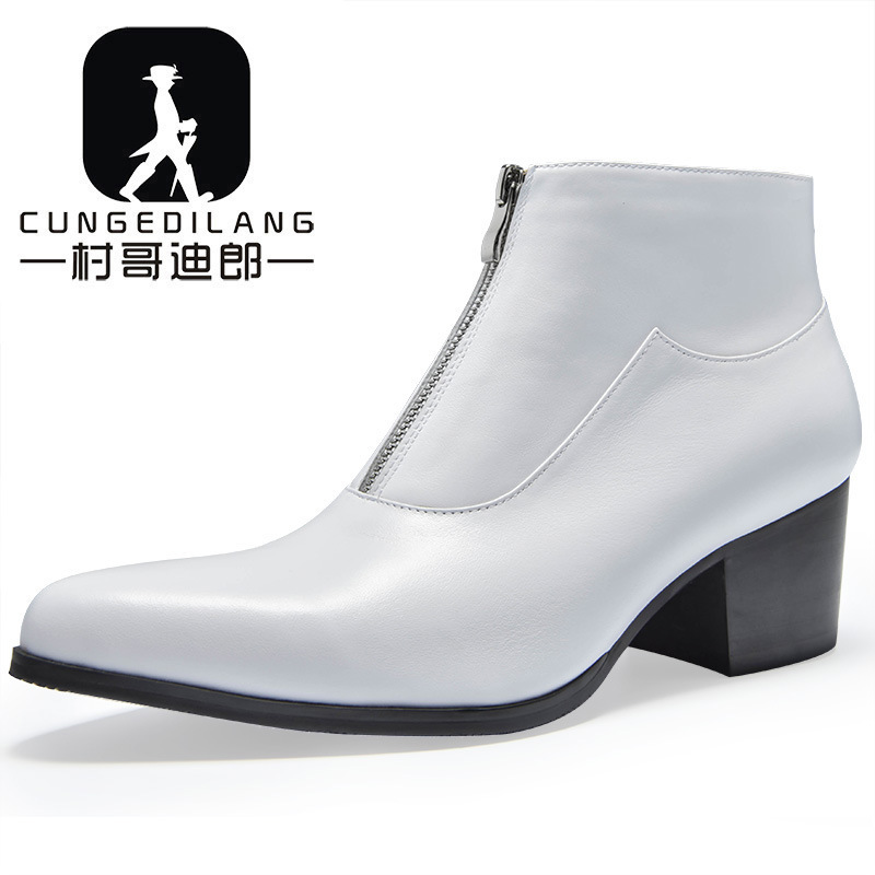A generation of new high-heeled pointed men's boots fashion trend cowhide boots British winter high-top new white shoes