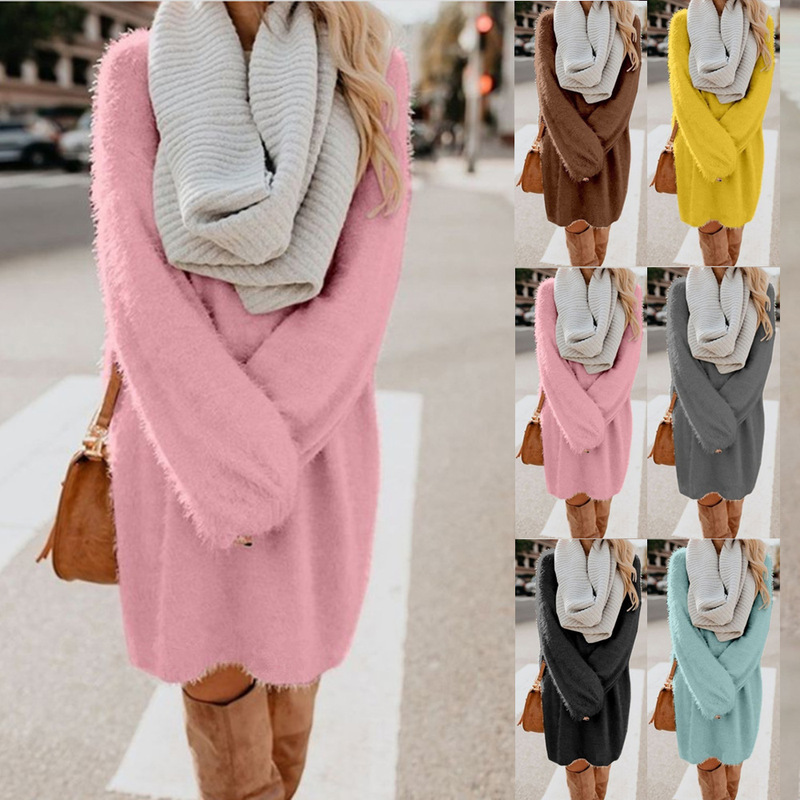 2023 autumn and winter ebay Amazon wish explosions women's long sleeve round neck loose plush dress