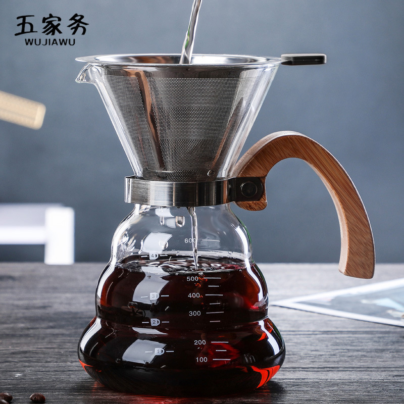 [Factory direct spot] High temperature resistant glass coffee pot anti-scalding wooden handle hand flush sharing pot coffee cup set