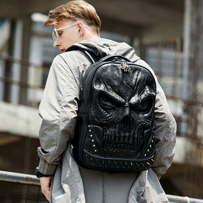 Backpack 3D embossed polyurethane, unisex shoulder bag, skull design with studs