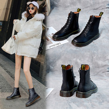 马丁靴女网红同款黑色中筒靴现货秒发侧拉链马丁靴短靴一件代发