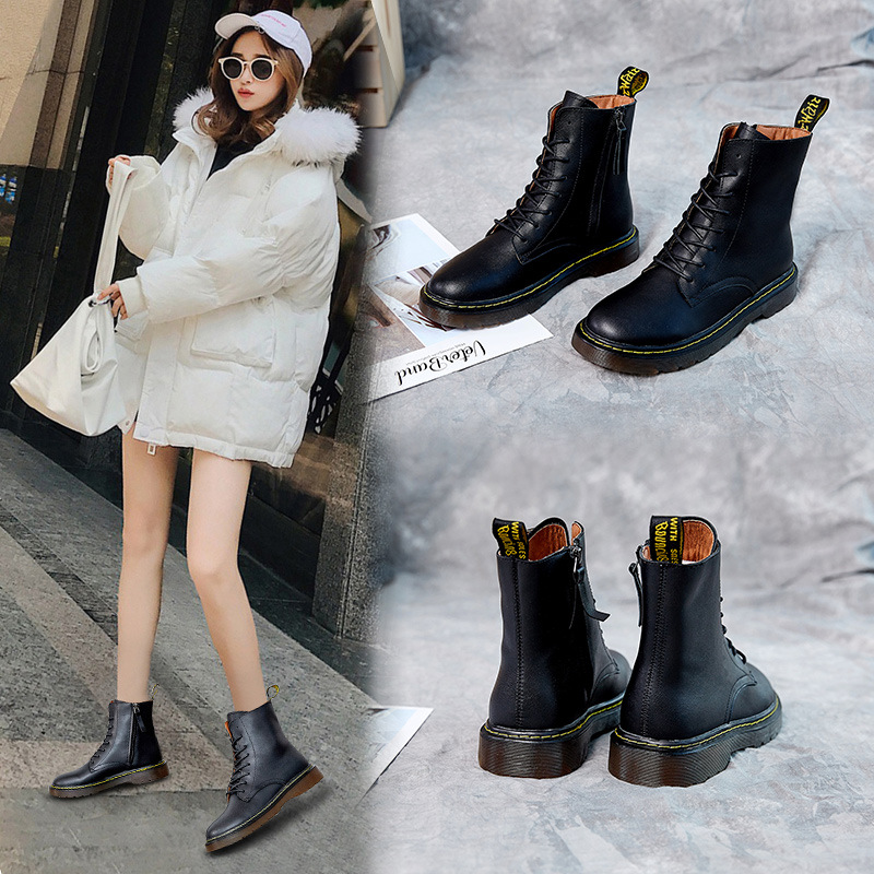马丁靴女网红同款黑色中筒靴现货秒发侧拉链马丁靴短靴一件代发