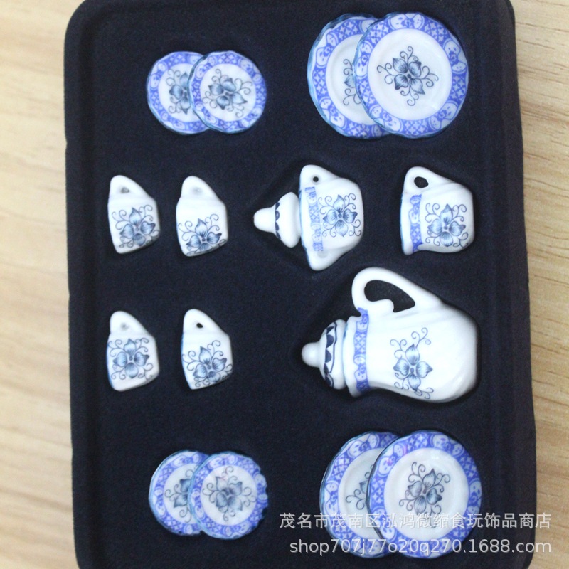 Accesorios de casa de muñecas de tela pequeña modelo en miniatura accesorios de soldado mini simulación juego de té de cerámica conjunto de 17 piezas