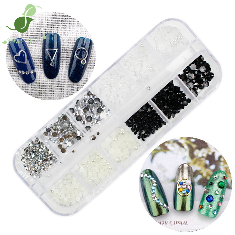 Nail jewelry transparent rhinestone black diamond 12 diamond box 2/3/4mm White Pearl flat size mixed