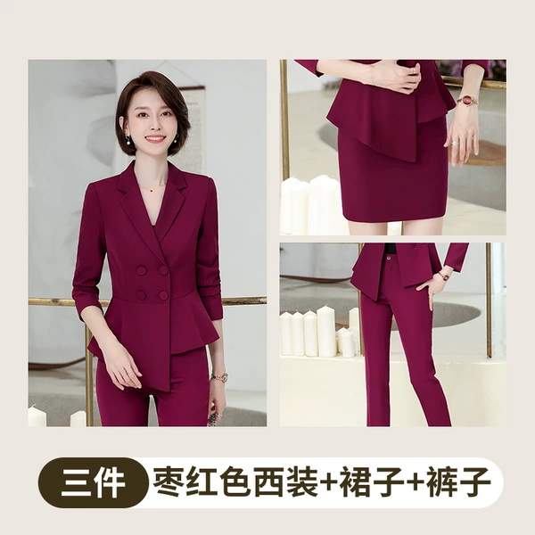 Maroon suit + maroon pants + maroon skirt