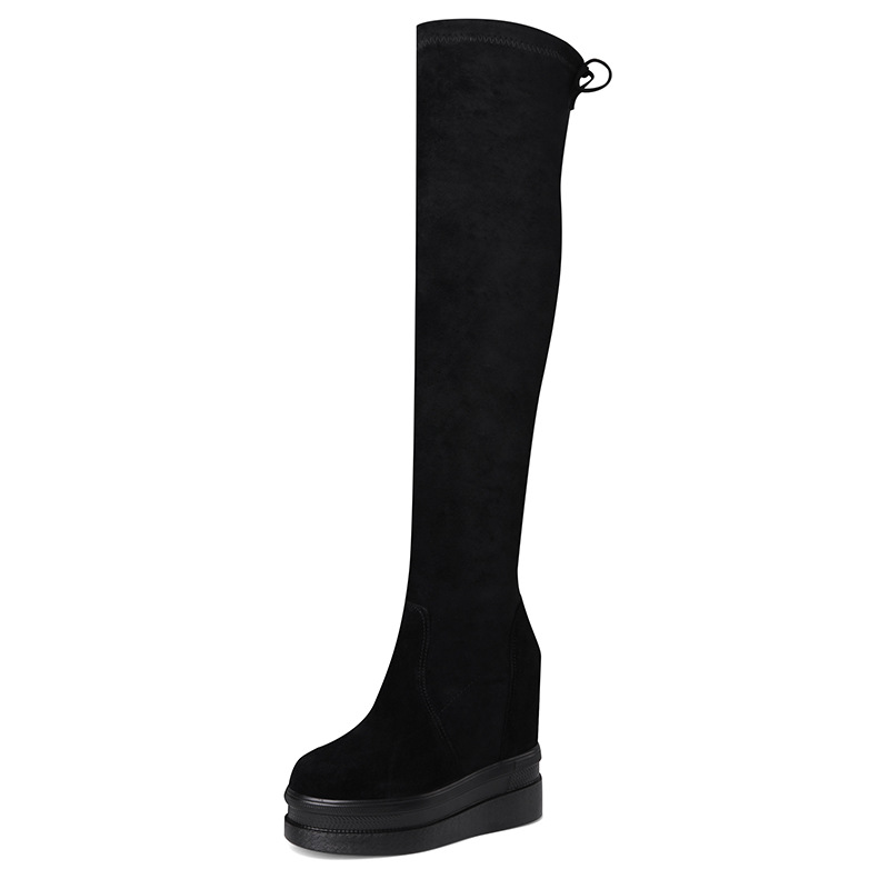 Boot nữ cổ cao ôm bắp chân co giãn, dáng qua gối, đế bệt — Lót lông đen