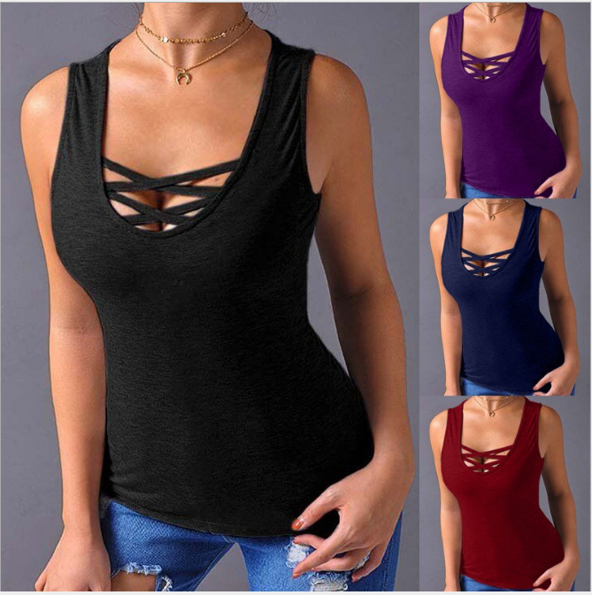 European and American New Style Cross-Over Chest-Exposing Sleeveless Tight-Fitting Sexy Base Top with Straps Sleeveless Tank Top T-Shirt for Women European and American New Style Cross-Over Chest-Exposing Sleeveless Tight-Fitting Sexy Base Top with Straps Sleeveless Tank Top T-Shirt for Women