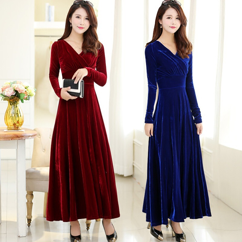 New Gold Velvet Dress V-Neck Long Sleeve Large Swing Evening Dress Long Dress Cheongsam Large Size European and Korean Women's Clothing Free Shipping