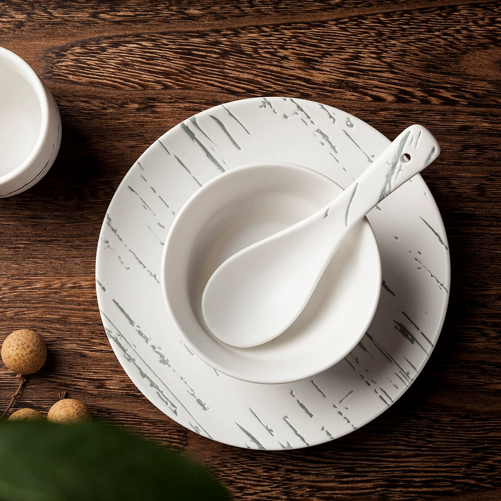Ceramic marble tableware for hotel, matte white set, 4 piece set, simple and elegant design