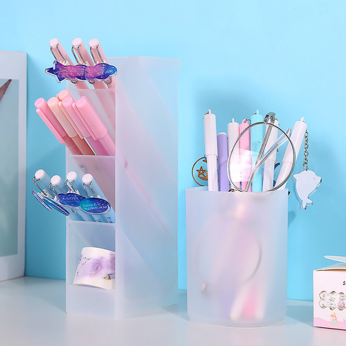 Simple oblique plug-in transparent frosted desktop pen holder office desk storage box pen bucket student stationery