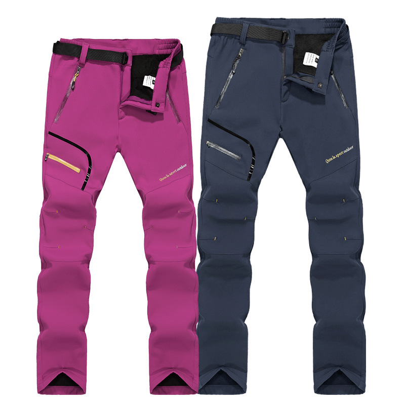 Outdoor Softshell Pants for Men, Windproof and Waterproof Hiking Pants, Thickened Ski Pants, Fleece Pants for Women, with Added Fleece Lining