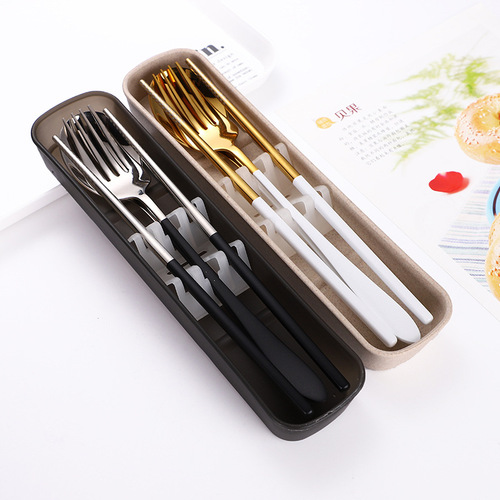 Cross-border direct sales 304 stainless steel convenient outdoor tableware set Student chopsticks fork spoon set 3-piece tableware box