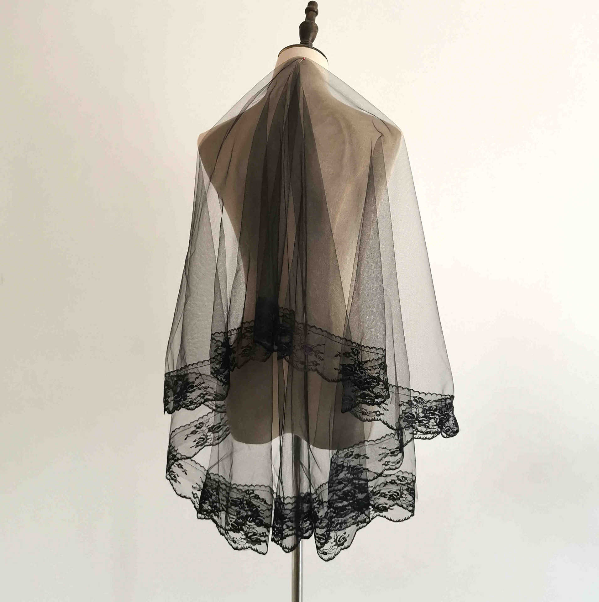 批发万圣节黑色蕾丝头纱饰单层遮面造型COS写真带厂家现货单双层