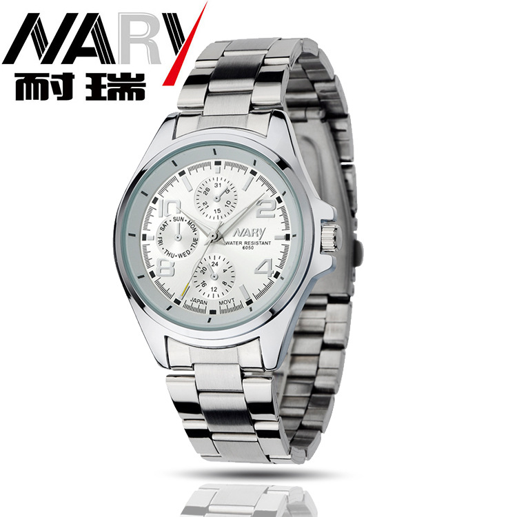 NARY marca reloj hombre falso de tres ojos luminoso impermeable correa de acero reloj de cuarzo 6050