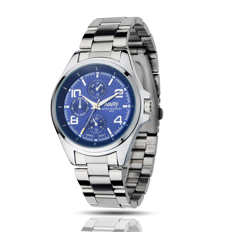 NARY marca reloj hombre falso de tres ojos luminoso impermeable correa de acero reloj de cuarzo 6050