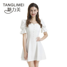 2025春夏亚马逊泡泡袖连衣裙夏女法式小仙女一件代发女装网红短袖